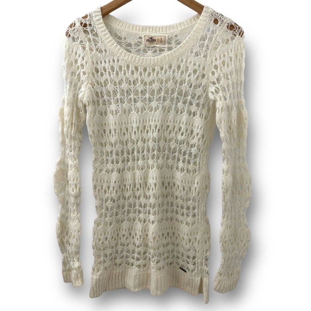 Hollister Women’s Cream Crochet Lightweight Wool Blend Sweater Small